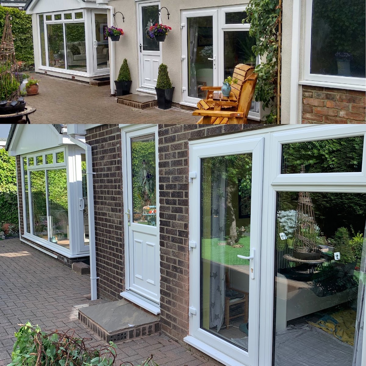 A rear extension and conservatory before and after being rendered by M.H Plastering